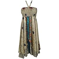 Mogul Interior Womens Halter Dress Recycled Vintage Silk Sari Two Layer Boho Salvador Summer Sundress