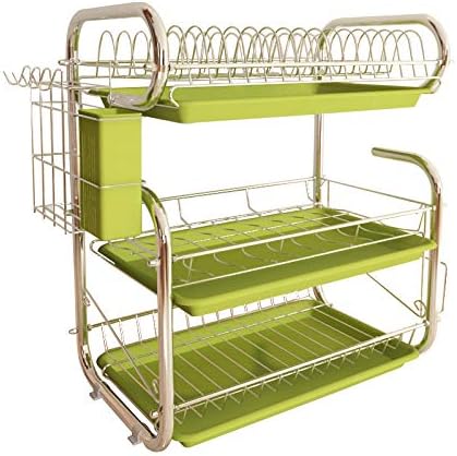 ZL9 3 Tier Dish Drainer Chrome Plated Stainless Steel Dish Rack with Tray and Cutlery Drainer for Kitchen Organization