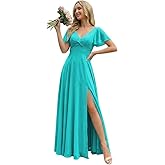 FUMY Women's Flutter Short Sleeves Bridesmaid Dresses with Slit Long Pleated Formal Gowns with Pockets FM005