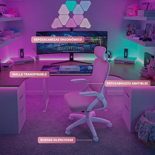 DRAIR35 – Silla Escritorio Ergonómica Oficina y Hogar de Malla tensada Transpirable, Reclinable 90-120°, Reposacabezas y Reposabrazos Abatibles, Soporta hasta 120 kg, Rosa-Blanco