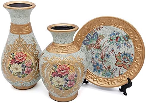 NEWQZ Ceramic European Style Vases Set for Home Decor, 2 Flowers Vases and 1 Decorative Plate, Elegant Court Style, Living Room Decoration