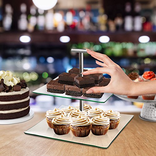 2 Tier Server - Tiered Glass Serving Stand Square Cake Plates with Metal Handle - Food Display Platter for Party and Event, Best for Appetizers, Snacks and Desserts - Thumbnail 5