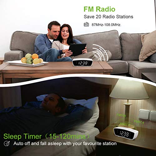 Reacher Modern Dual Alarm Clock Radio with Adjustable Alarm Volume for Heavy and Light Sleepers, USB Phone Charger Port, Sleep Timer, Dimmer, Snooze for Bedrooms Bedside (White) - Thumbnail 3