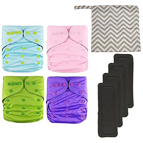 EcoDiaper Set | 4 pcs Reusable Washable One Size Baby Nappy Cloth with 4 Absorbent Bamboo Charcoal Inserts and Wet Bag | Soft Cotton Breathable TPU with Adjustable Snap | Blue Green Pink Purple | 951