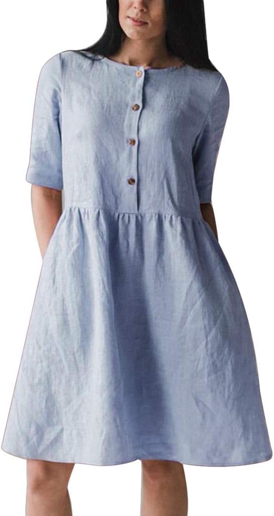 LOMONER Women's 2019 Women Vintage Cotton Shirt Summer Short Sleeve Buttons Loose Solid Dress