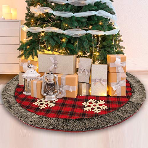 Aiduy Christmas Tree Skirt, 48 Inch Large Xmas Tree Skirt, Burlap Buffalo Plaid Christmas Tree Skirt with Thick Faux Fur Snowflake