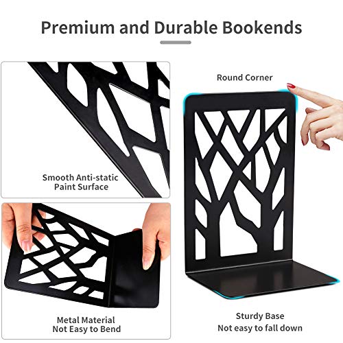 Bookends, Metal Book Ends, Decorative Bookend Supports Black Book Shelf Holder Non Skid Heavy Duty Book Stoppers 1 Pair, Book Stand for Shelves Bookshelf Office School Library with 1 Pen Holder