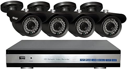 YSCAM 4Channel 720P HD Security System with 1TB Hard Drive, 4pcs 1MP 720P outdoor waterproof 1200TVL Metal Cameras, 720P DVR, and 100' Night Vision Support 3G/4G Moblie phone remote view