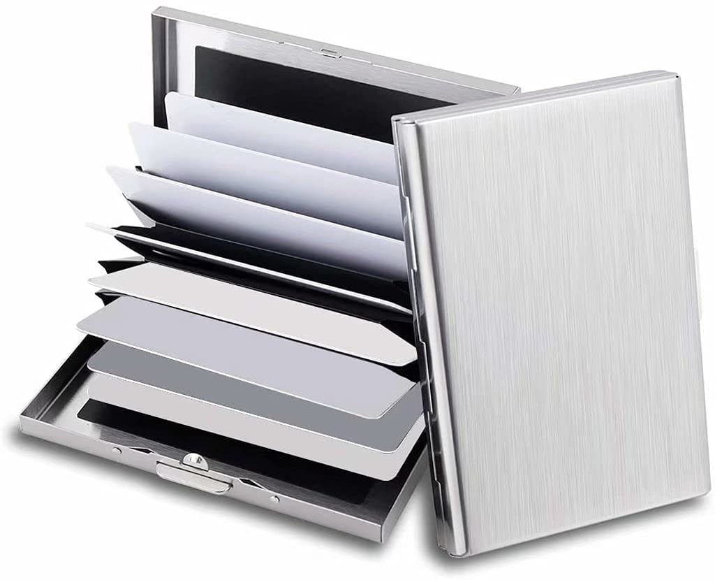 ASKSA Credit Card Holder, Men's RFID and NFC-Blocking Case, 10-Compartment Credit Card Holder, Stainless Steel, Silver
