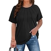 CARROTMOB Plus Size Blouses for Women Pleated Casual Short Sleeve Round Neck Shirts Dressy Loose Summer Tops
