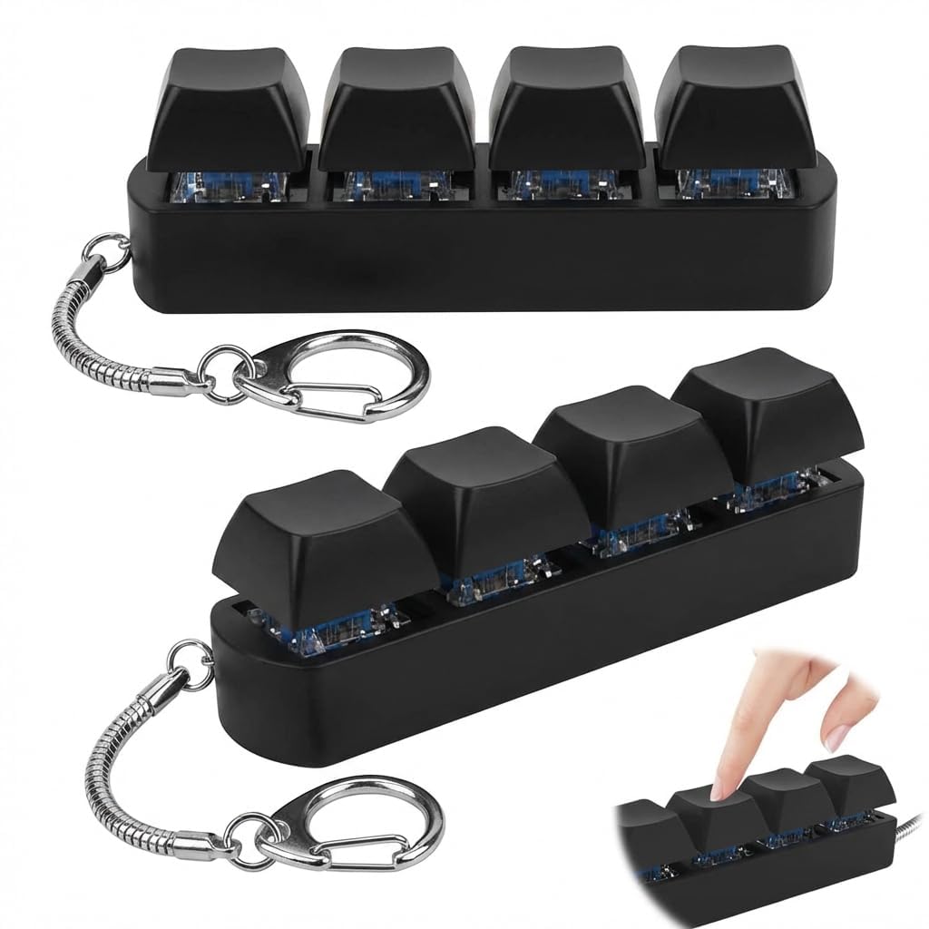 2 Pcs Keyboard Fidget Toy,Keyring Keychain,Key Board Clicker Toys,4-Button Gadget Click Button Keycap Keys,Decompression Stress Relief Finger Caps to Pass Time (2, Black)
