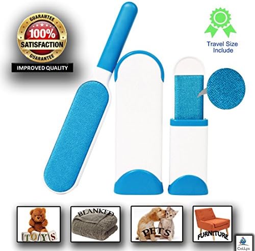 Pet Fur &amp; Lint Remover with Self Cleaning - Base Double Sided | Brush Removes for Clothes and Furniture | Cat &amp; Dog Hair | Reuseable &amp; Economic | 1 Travel &amp; 1 Home Style (Blue)