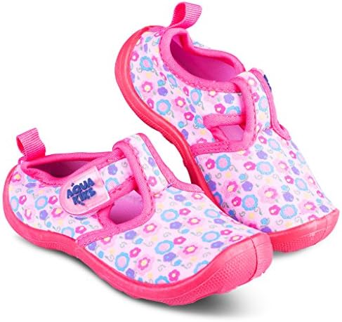 [A206-PNK-T7] Aquakiks Girls Water Aqua Shoes, Kids Waterproof Sandals, Pink Floral