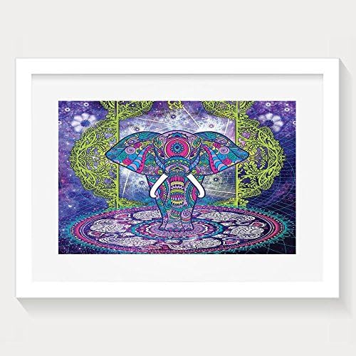 HUANGLING Sacred Figure Elephant Standing In Mandala Over Outer Space Cosmos Hippie Design Framed Wall Art Prints For Home Decoration White