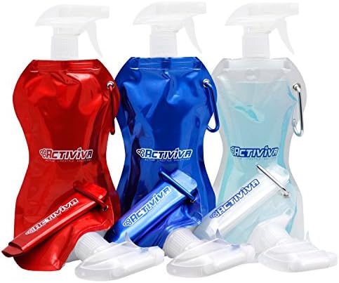 Collapsible Portable Spray Water Bottle by Activiva - BPA Free with Carabiner Clip for Easy Travel - 3 Piece Pack (16.9 oz.)