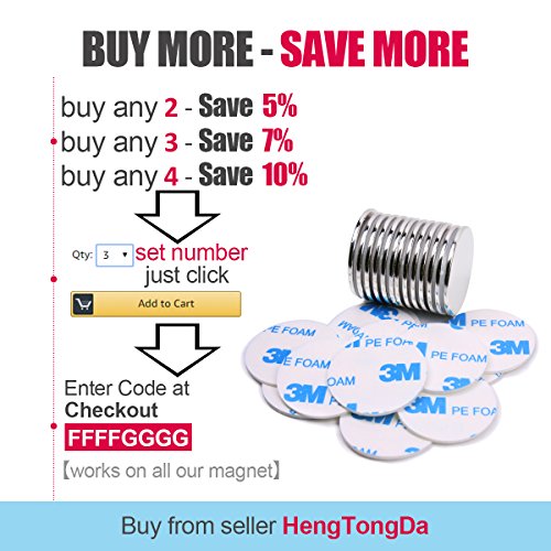 FEYG Neodymium Disc Magnets, 10Pcs Super Strong Rare Earth Magnets with 12Pcs Adhesive Backing, 1.26"D X 0.08"H for DIY Crafts, Fridge, Scientific Use