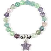 Justinstones Natural Gemstone Semi Precious Healing Reiki Gemstone Star Charm 8mm Round Bead Stretch Bracelet 7 inch