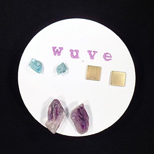 Amethyst, Neon Blue Apatite and Brass Squares - Raw Gemstone and Brass Stud Earring Trio - Rough Gems - Post Earrings - Natural Jewelry