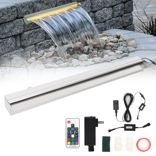 23.6"*4.7"*3.2" Stainless Steel Waterfall Feature for Pools, LED Lighted Founta…