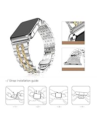 Apple Watch correa de lujo diamantes de imitación de vidrio pulsera de acero inoxidable hebilla de metal iWatch correa rayas pulsera de repuesto para Apple Watch Series 3 2 1, 42 mm, Dorado Plateado