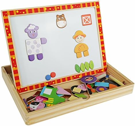 Day on the Farm Magnetic Easel, Chalkboard and Dry-Erase Board - Solid Wood Educational Toy for Boys and Girls Age 3 Years and Up - Includes Chalk, Eraser and Cute Character Magnets