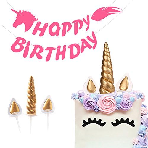 COCOMOON Unicorn Birthday Party Set/Unicorn Cake Topper，Unicorn Cupcake Toppers and Happy Birthday Banner，Unicorn Party Decoration for Birthday Party, Baby Shower and Wedding，Reusable Unicorn Horn