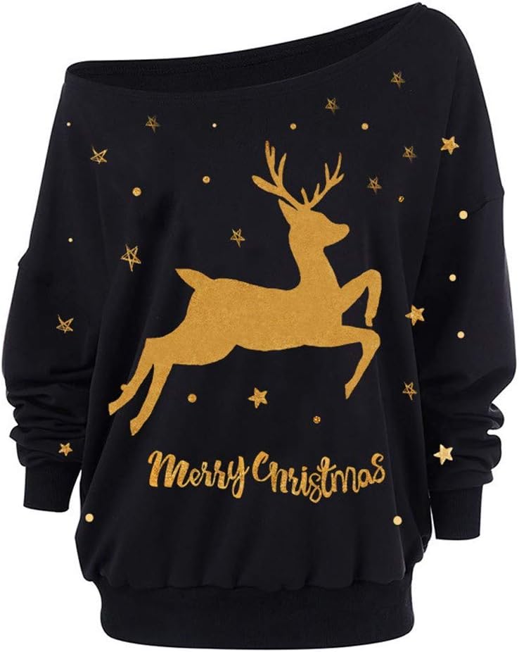 SMILEQ Top Women Christmas Blouse Elk Print Loose Pullover Long Sleeve Tops Off Shoulder Sweatshirt