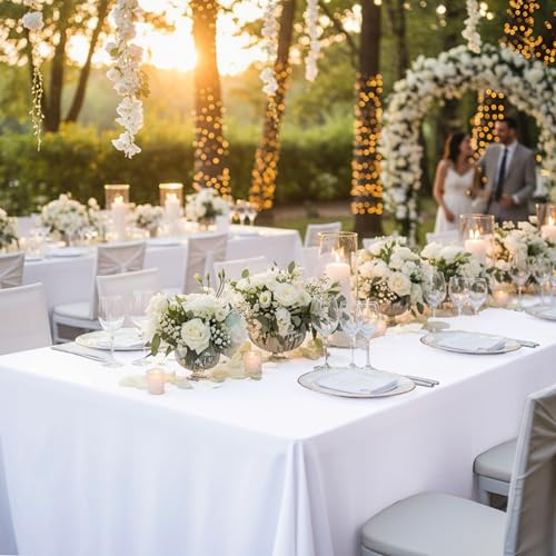 Dailyset 10-Pack White Tablecloths for Rectangle Tables, 60 x 102 Inches, Stain-Resistant Polyester Fabric for 6 Foot Tables - Washable Table Covers for Weddings, Banquets, Birthday, Parties, Events