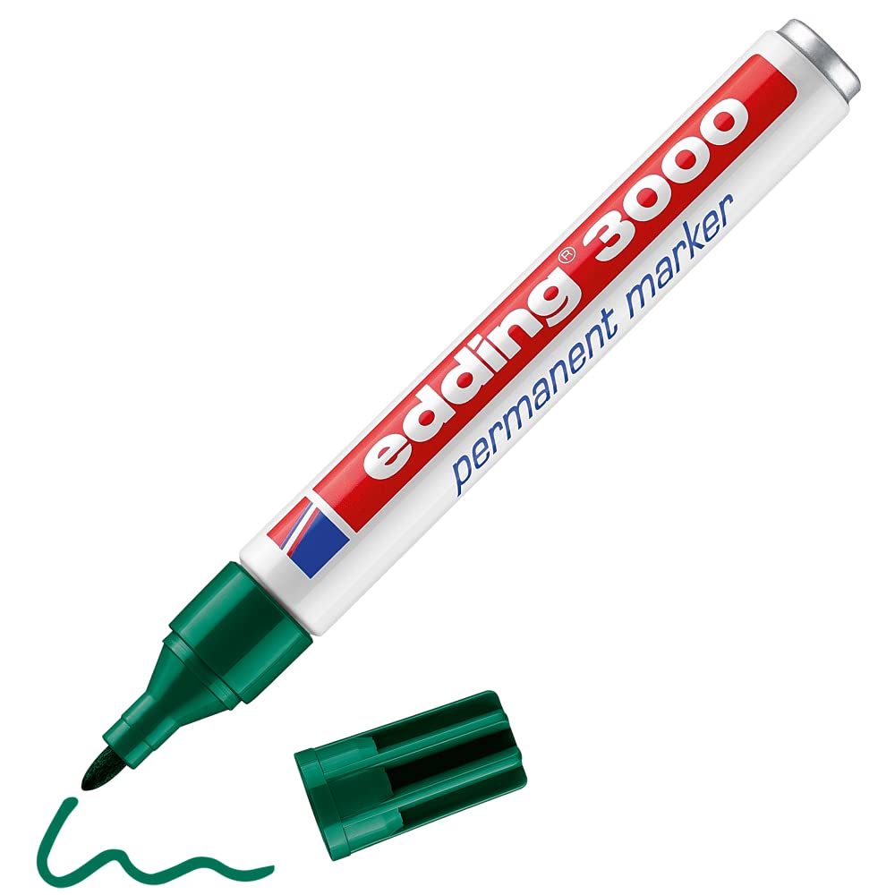 edding 3000 permanent marker - green - 1 marker pen - round nib 1.5-3 mm - quick-drying permanent markers - waterproof, smudge-proof - for cardboard, plastic, wood, metal, fabric - marker pens