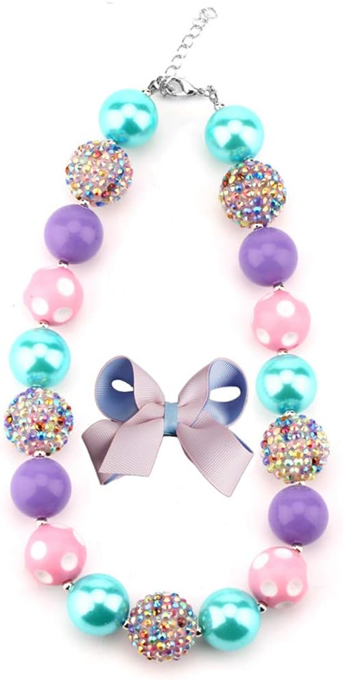 Chunky Bubblegum Necklace Colorful Fashion Beads and Hairpin with Gift Box for Baby Girls