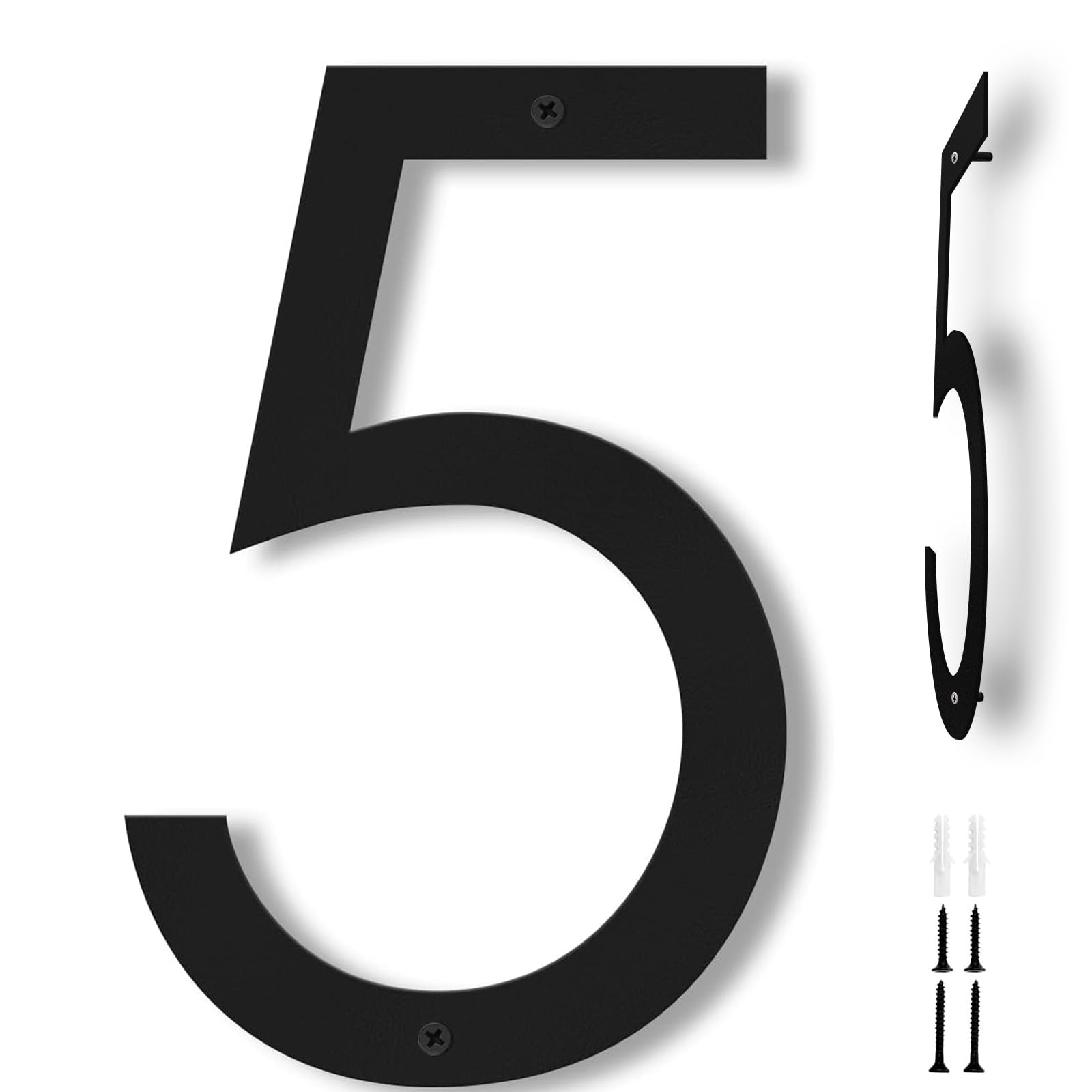 Powerful House Numbers 12 Inch, Large Black Door Number 5 for Outside, Modern Floating House Signs for Street Address, Weatherproof & Rustproof, 3D Metal Plaque (Number 5)
