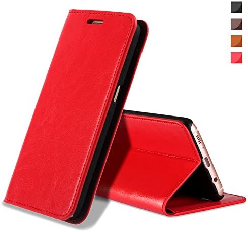 EATCYE Galaxy S8 Case, Premium Genuine Leather Handmade Wallet Flip Folio Book Case Card Slots Magnetic Closure for Samsung Galaxy S8- Red
