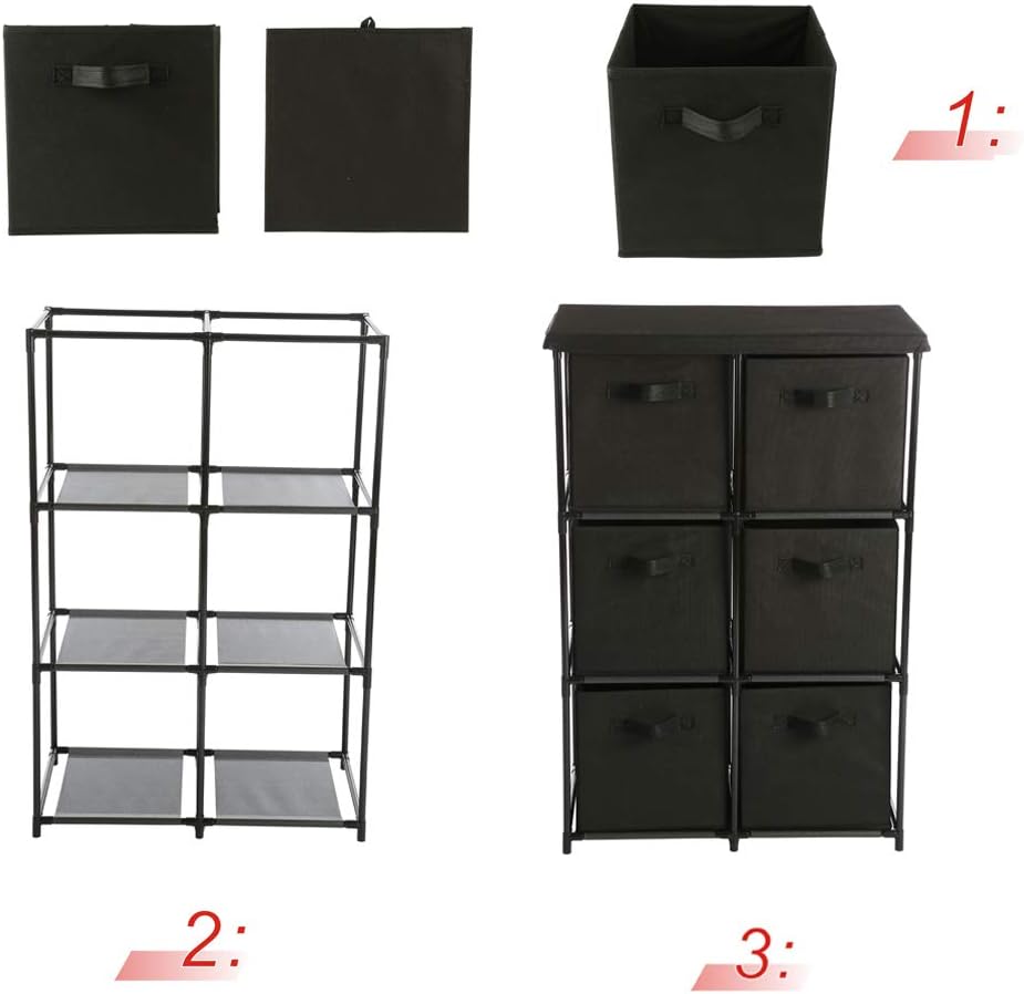 Function Home 6 Drawer Storage Organizer, Fabric Chest Cabinet, 3 Tier Metal Shelves with 6 Non-Woven Collapsible Bins, Organizer Tower Unit for Storing Clothing Documents Books Towels in Black: Home & Kitchen