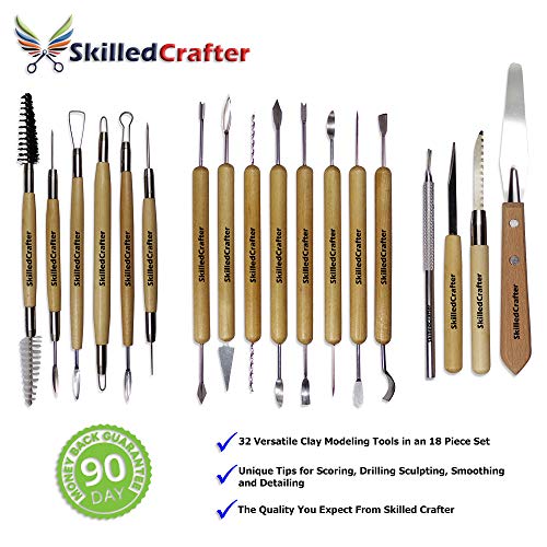 Skilled Crafter Clay Modeling Tools for Professional Sculptors. 18 Double Ended Carvers & Modelers for Sculpting, Trimming & Pottery Carving. for Sculpey, Polymer, Ceramics, Dough, Wax