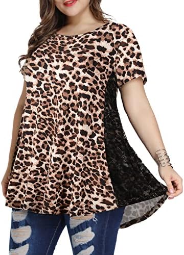 LARACE Leopard Print Tops For Women Tunic Lace Short Sleeve Shirt