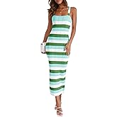 Saodimallsu Womens Striped Bodycon Midi Dress Sleeveless Square Neck Color Block Knit Summer Tank Dresses