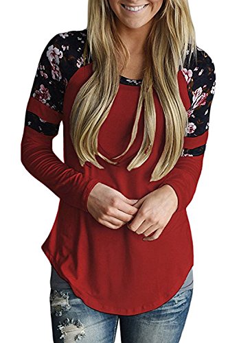 Ebbizt Womens Stylish Ladies Flower Print Long Sleeve Stripe Crewneck Stitching Blouse Top and shirts Red Wine Medium