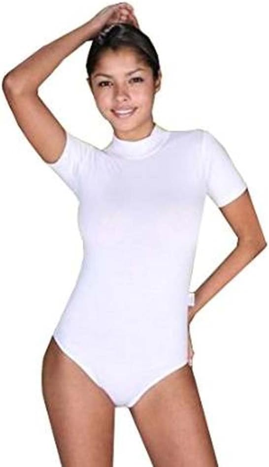 Elegance123 Ladies Bodysuits Stretch Turtle Neck Short Sleeve (S, White)