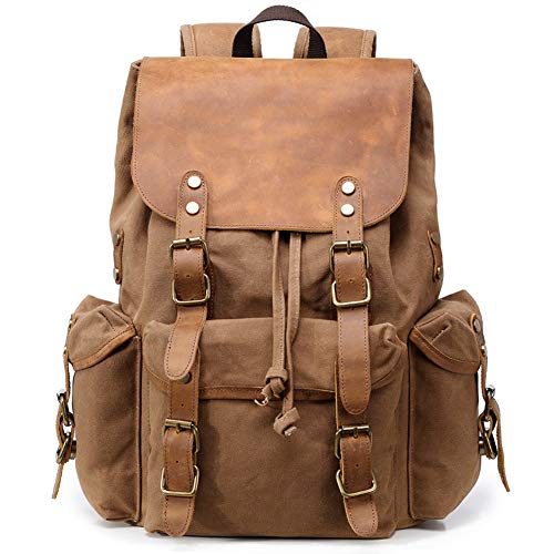 Kemy's Mens Waxed Canvas Backpack Leather Rucksack for Men Wax Leather Backpacks Travel Vintage Bookbag with Laptop Compartment Rustic Large Waterproof Brown Easter Gifts