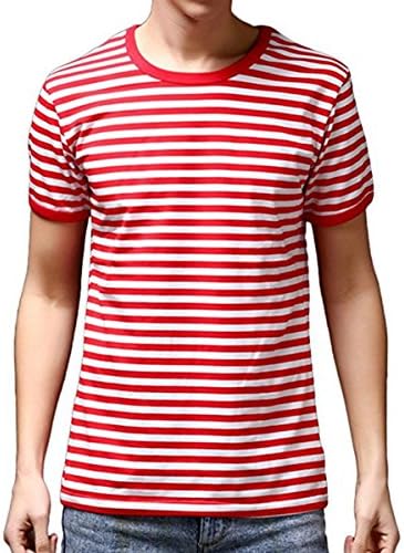Ezsskj Men's Youth Short Sleeve Crew Neck Striped T Shirt Tee Outfits Tops Large Red