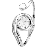 Top Plaza Women Casual Elegant Silver Tone Small Dial Bangle Cuff Bracelet Dress Analog Quartz Watch 6 Inches