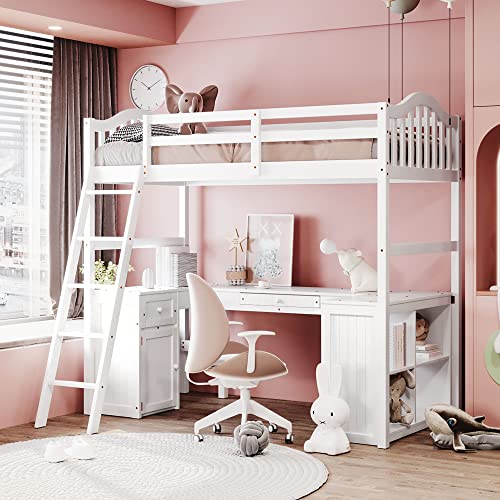 Lifeand Twin Size Loft Bed with Drawers, Cabinet, Shelves and Desk