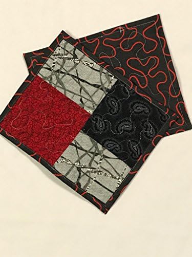 Black, Red and gray Mug Rugs, Two Coasters 6" x 8" quilted mug rugs, quilted coasters, mini placemats, #141