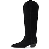 XBKXMK Suede Cowboy Boots for Women Pointed Toe Cowgirl Knee High Boots Chunky Heels Tall Boot Dressy Pull on Wide Calf Fashion Casual