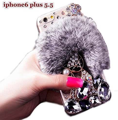 Fast Jewelry For iPhone 6 Plus Case,6S Plus [5.5 inch] Case, [Brand] New Furry Case Cute Gray Soft Fur Fluffy [Fox Series] Phone Case Bling Crystals Diamond Case