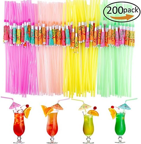 200pcs Tropical Umbrella Parasol Cocktail Straws Disposable Bendable Drinking Straws for Party Wedding