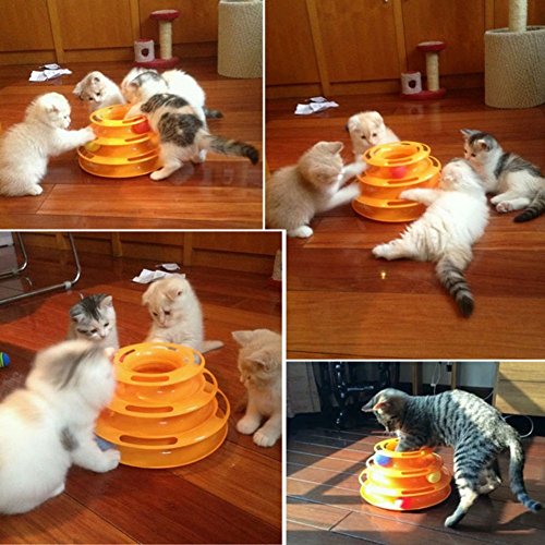OWIKAR Tower Of Tracks Interactive Cat Toy, Three Levers Pet Toy Amusement Plate Crazy Ball Disk Cat Scratching Ball Toy for Multiple Cats - Thumbnail 6