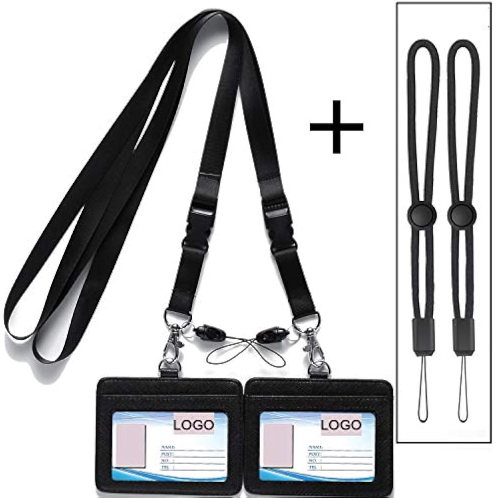ID Badge Holder Leather Neck Lanyards Black Detachable Buckle Breakaway
