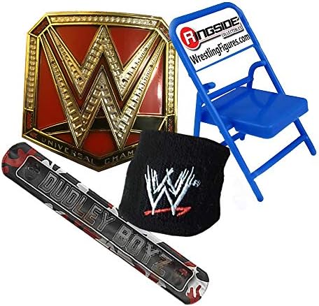 WWE Gift Bundle - Ringside Blue Folding Chair - WWE Scratch Logo Wrist Band - Dudley Boyz Snap Bracelet - Universal Champion Belt Buckle