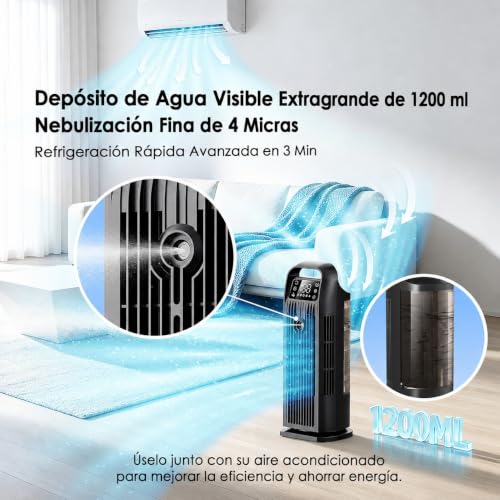 Portable Tubeless Air Conditioner, 6 in 1 Mini Air Conditioner Without Installation, Silent Tower Fan with Control, 120° Oscillation, 1.2L Reservoir, 12H Timer, Low Consumption, Matte Black